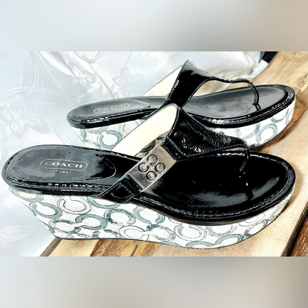 COACH Black Vinyl OPTICAL ART Jacquard Wedge Sandals Sz8.5B Earth tones Chunky